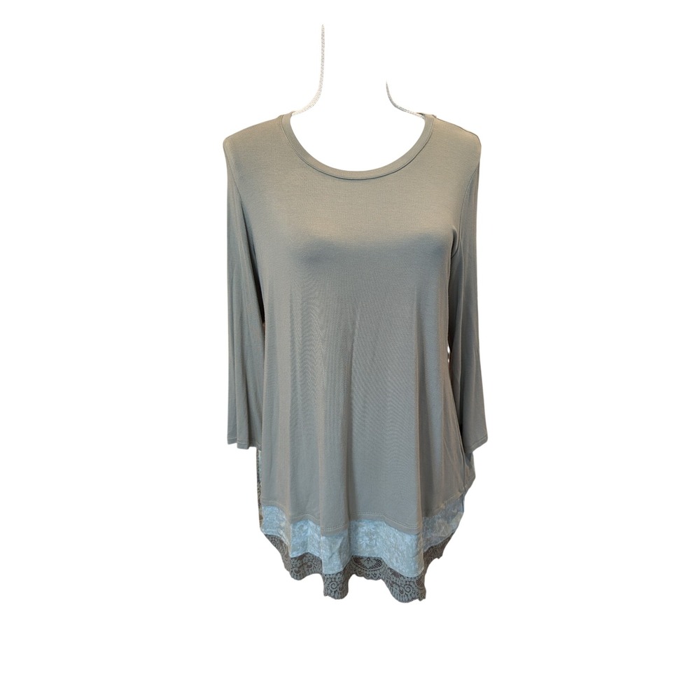 LOGO Lori Goldstein Tunic Top Green Lace Trim Layered Hem Tunic Top Size M